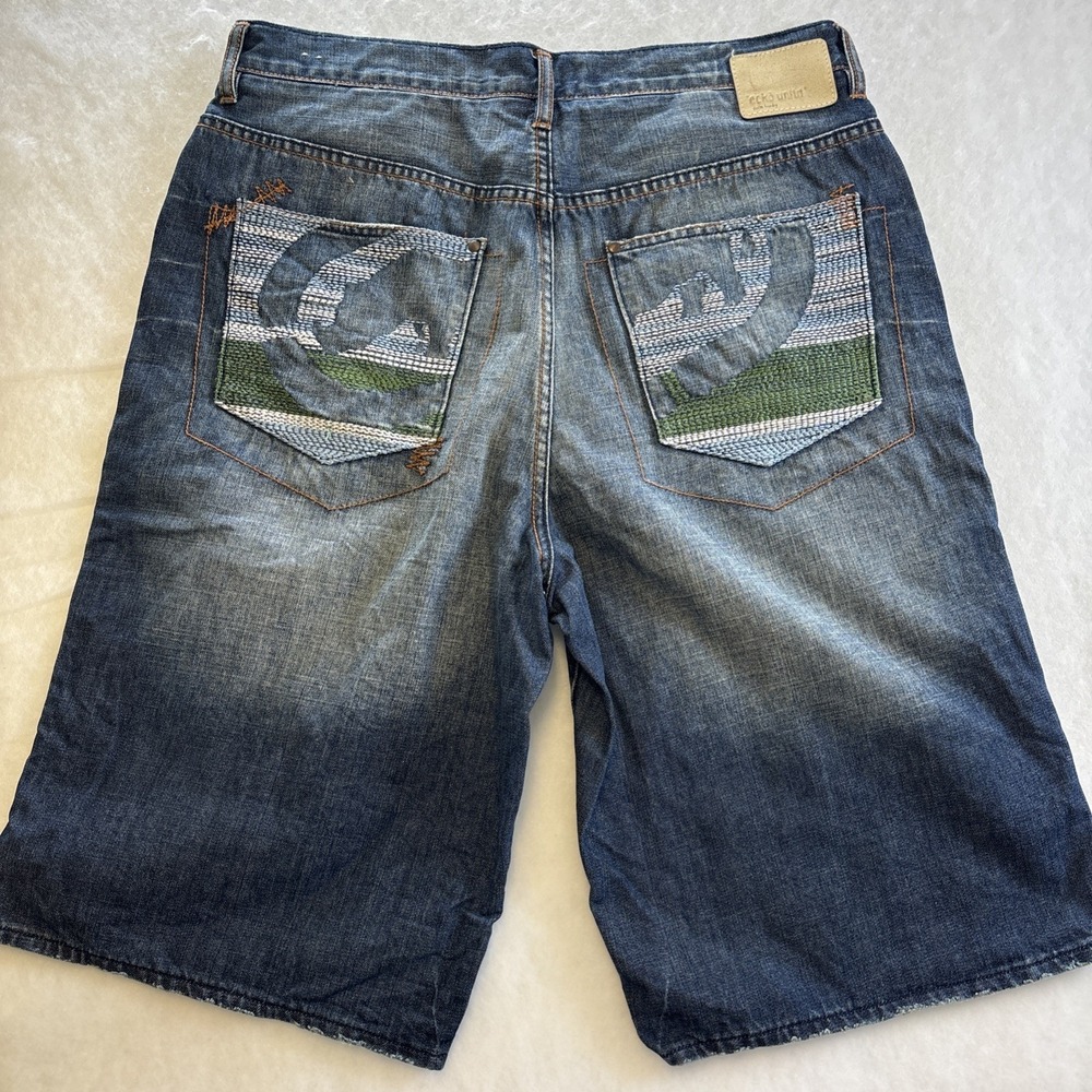 Y2k Echo Blue Denim Sewn Design Baggy Fit Jean Shorts Mens 36 Distressed